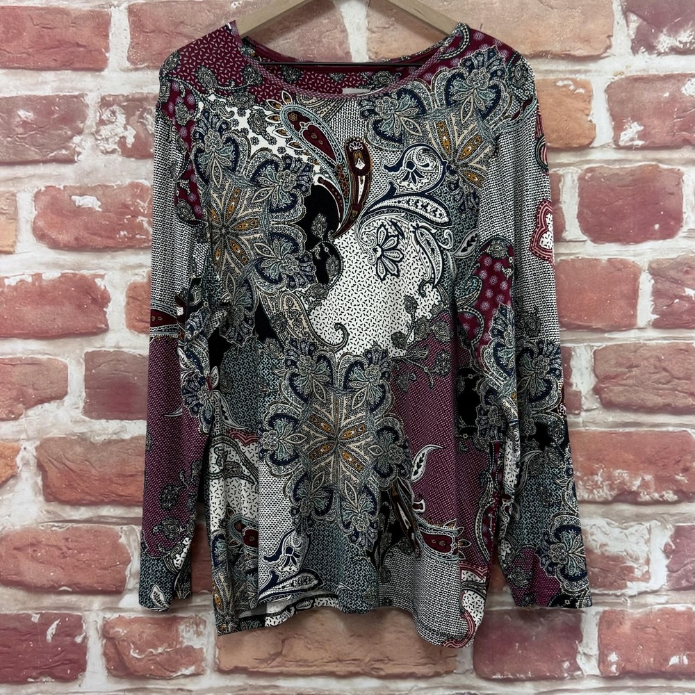 Chicos Top Women's XL Multicolor Boho Floral Abstract Stretchy Casual Shirt